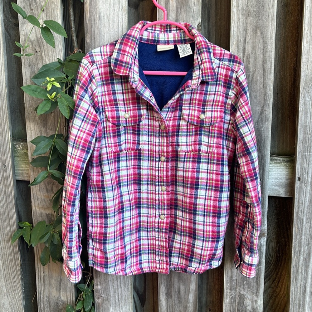 LLBean kids long sleeve flannel fleece lined snap up plaid pattern